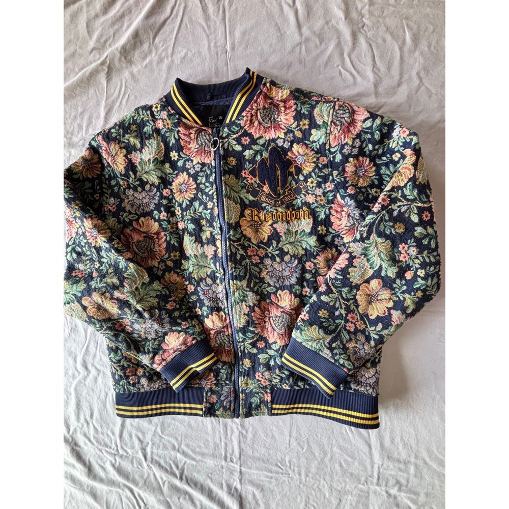 Fried Waters Floral Tapestry Bomber Jacket XL Navy Varsity Embroidered 1992